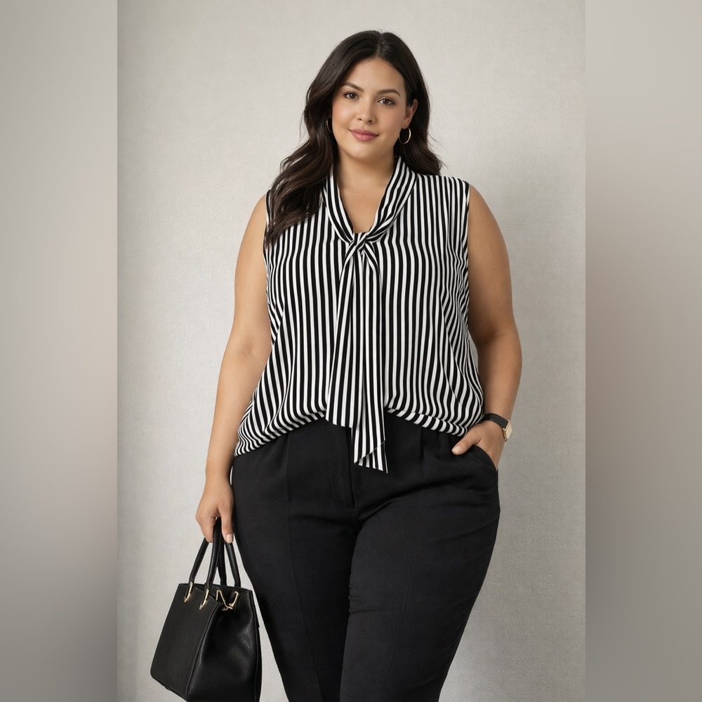 Liz Claiborne Striped Sleeveless Blouse XXL Bow Neck Workwear Top Chic Classic